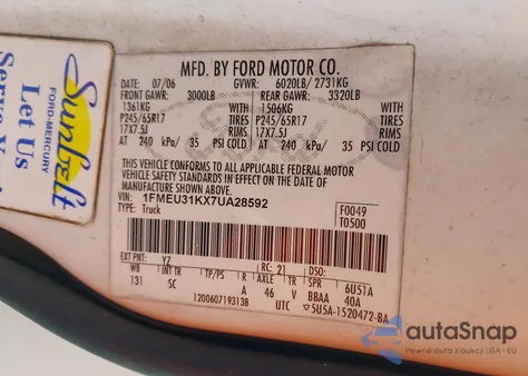 2007 Ford Explorer Sport Trac Xlt z USA, uszkodzony, nr VIN 1FMEU31KX7UA28592